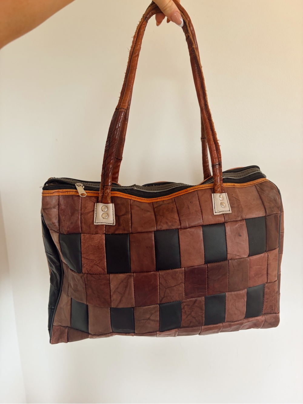 Y2K patch work neutral brown purse